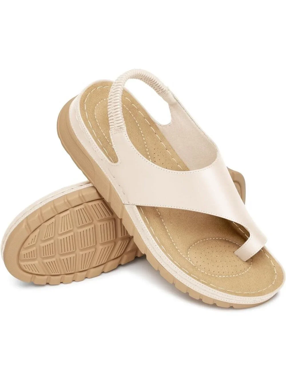 Women's Beige Cushioned Soft PU Leather Lightweight Comfortable Wedge Sandal